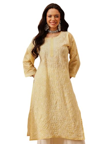 Image of Ada Women's Cotton Straight Fit Straight Hand Embroidered Lucknowi Chikankari Kurta Kurti A411165