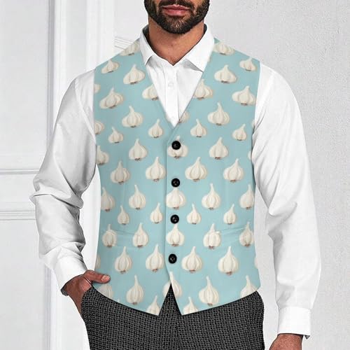Cute Garlic Pattern Suit Vest for Men Slim Fit Sleeveless Jacket V Neck Business Waistcoat Button Up Dressy Top4