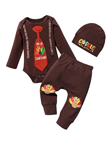 My First Thanksgiving Baby Boy Outfit, Baby boy Clothes with Turkey Bodysuit Romper + Pants Clothes 3Pcs Sets 0-3 Months Brown