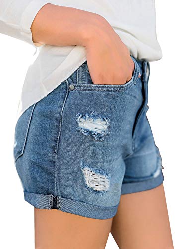 luvamia Women's Summer Casual Jean Shorts Stretchy High Rise Folded Hem Cutoff Denim Shorts 3 Inch Inseam Jive Outlasted Blue Size Large - Image 4