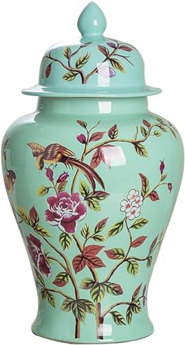 Jarrones de cerámica Tarro de Jengibre con Tapa para decoración del hogar, jarrón de Flores con patrón de pájaros, jarrón de Porcelana Tradicional, floreros Secos, Decora