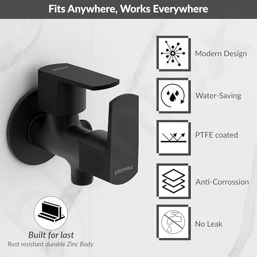 Image of Plantex Angle Valve 2 in 1 with Brass Spindle /Two Way Angle Cock Tap with Wall Flange & Teflon Tape /Anglular Tap for Bathroom- Pack of 1 (Saga, Black)