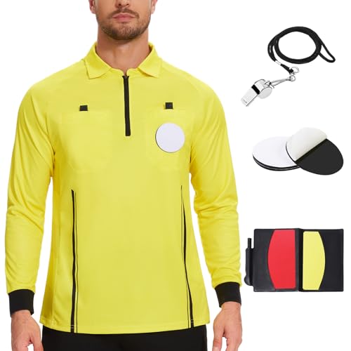 Soccer Referee Shirt Jersey kit Long Sleeve Pro Ref Costume Umpire Uniform with 3 Pcs Replace 3 Round Adhesive Hook & Loop Badge Holder Referee Wallet with Red Card and Yellow Card Yellow S