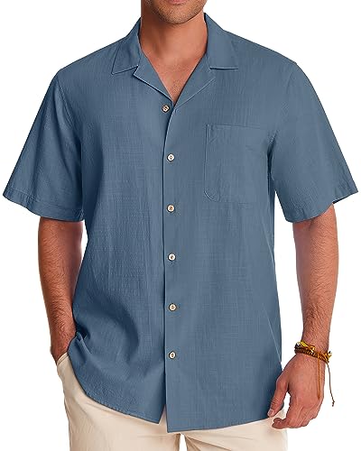 Image of Alimens & Gentle Mens Linen Shirts Cotton Hawaiian Shirts Short Sleeve Button Down Shirts Casual Summer Beach Tops