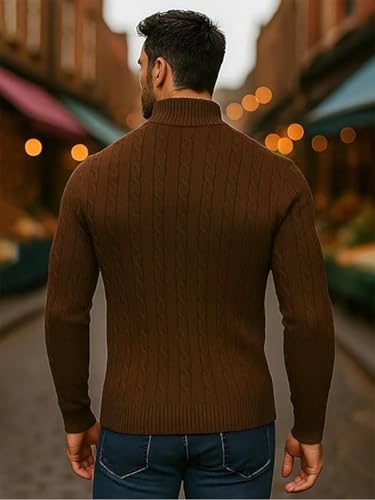 Image of TYSORT Men High Neck Zipper Full Sleeve Cable Knitted Winter Sweater,Cable Knit Sweater for Men