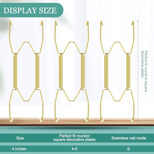 Image of Hotop 12 Pieces Plate Hangers for Wall Stainless Steel Wire Invisible Heavy Duty Plate Hangers Display Holders with 12 Pieces Hooks for Wall Decorative(4-5 Inch,Gold)