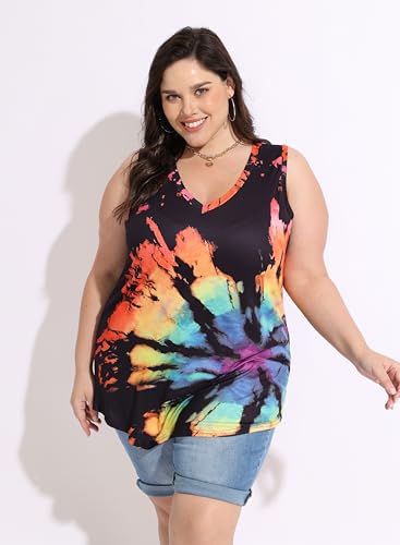 CARCOS Plus Size Tank Tops for Women V Neck Sleeveless T Shirts Solid/Tie Dye/Floral Camisole Casual Tanks for Summer XL-5XL3