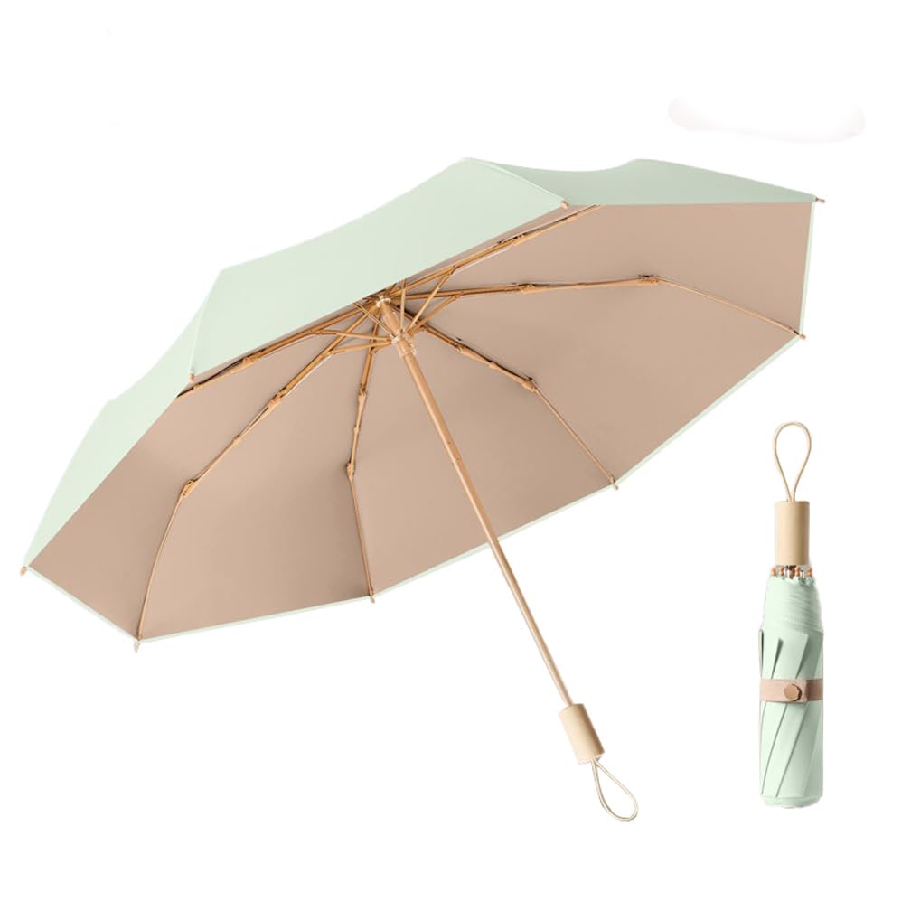 Lcy Green&Khaki Folding Umbrella Anti-Uv Parasol With Wooden Handle Sunproof Rainproof & Windproof Umbrella