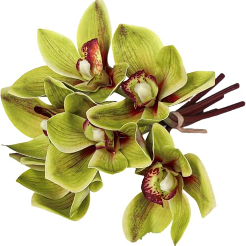 AZIDWERYQ 6 orquídeas Cymbidium de 10.0 in, Color Verde Realista con Tallo Largo, Flores de Seda Decorativas para arreglos, Bodas, Fiestas sintéticas
