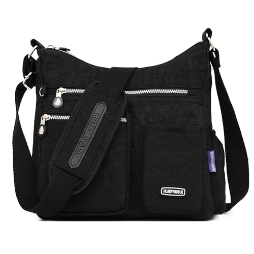 DIRRONA Bolso Bandolera Mujer, Bolso de Mano de Nylon Ligero con Correa Ajustable y Diseño de Múltiples Bolsillos, Bolso Mediano para Viajes, Compras, Trabajo y Uso Diario Negro Clásico