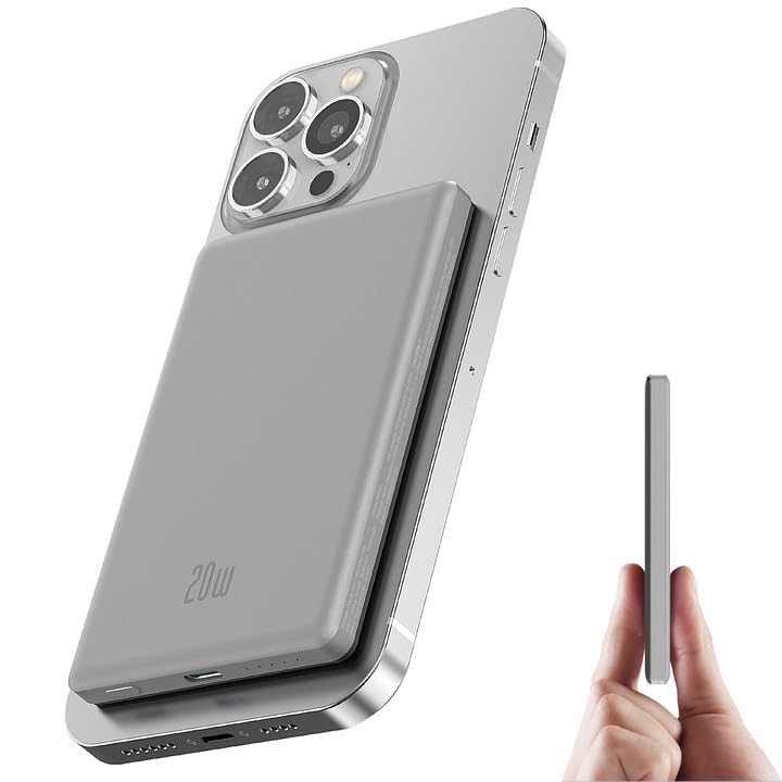 for Magsafe Battery Pack, Ultra Slim Wireless Portable Charger 5000mAh, 20W PD Magnetic Power Bank Fast Charging USB C in&Out Powerbank for iPhone 16/15/14/13/12 Mini Plus Pro Max,Grey