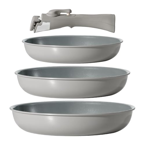Set Padelle Antiaderenti, maniglia rimovibile, set da 3 padelle da 20, 24 e 28 cm con Rivestimento in Ceramica, senza PFAS, adatto a tutti i tipi di piani cottura, Adatto al forno e alla lavastoviglie
