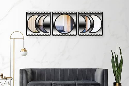 Image of Abstract Geometric Acrylic Mirror Wall Decor Set of 3 | Modern Decorative Wall Art for Living Room, Bedroom & Office | Silver Acrylic with Black Laminated Pine Wood MDF