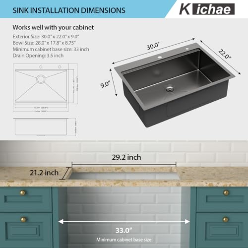 Image of 30 Black Kitchen Sink Drop In - Kichae 30 x 22 Drop In Kitchen Sink Workstation Gunmetal Black Nano Coating 304 Stainless Steel 16 Gauge with Glass Rinser & Cutting Board