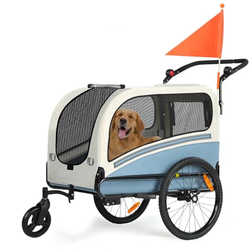 SEPNINE 2-in-1 XL Fahrradanhänger für Hunde, Hundeanhänger für Fahrrad - mit Dachöffnung, Reflektoren & Reflexstreifen, mit Schiebestange & Universal-Fahrradkupplung, Faltbar, Bis 50 kg, Blau