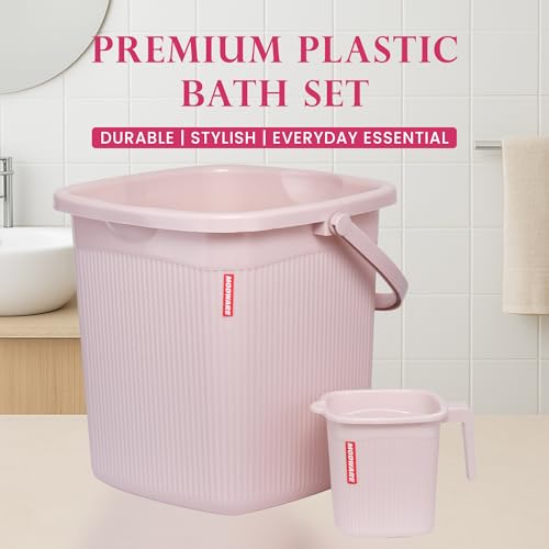 Image of Modware Square Ribbon Plastic Bucket Set with Mug | 25L Brown Bathroom Bucket with Handle + 1.5L Mug | Heavy-Duty Polypropylene + Co-Polymer | Stylish & Durable Bath Set (Pink 25 L)