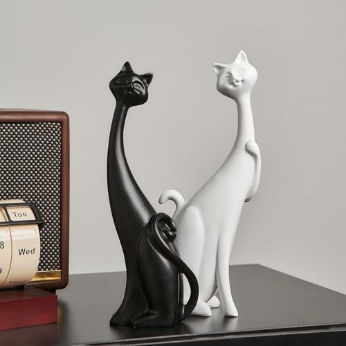 Estatua pareja gatos blanca y negra decoración moderna miniatura 7