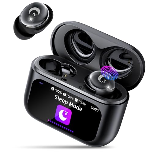 VEKJ Mini Schlafkopfhörer mit Touchscreen, 2025 Neue in Ear Kopfhörer Kabellos mit ENC Noise Cancelling, IPX7 Ohrhörer Schwarz
