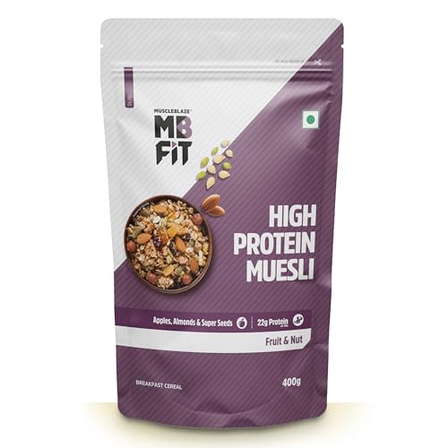 Image of MuscleBlaze Fit High Protein Muesli (400g, Fruits & Nut) | 22g Protein | With Apple, Almonds & Super Seeds,High Protein Breakfast Cereals