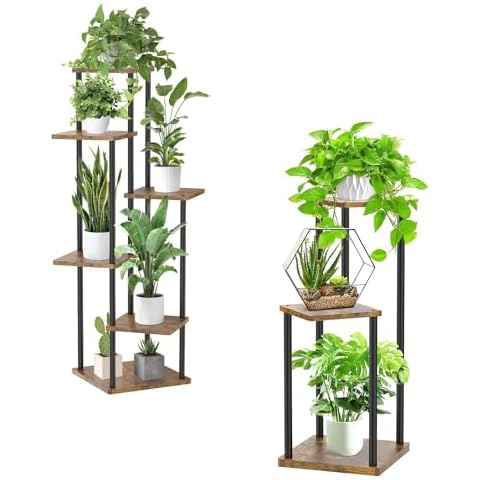 Oppro Plant Stand Set of 2, Tiered Metal Wood Corner Planter Stands Flower Shelf for Indoor Outdoor Plants Cover