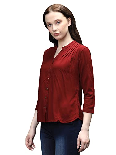 Image of Identiti Women Maroon Three Quarter Sleeves Solid Slim Fit PureViscose Casual Top for Women 551-8091N-44 P
