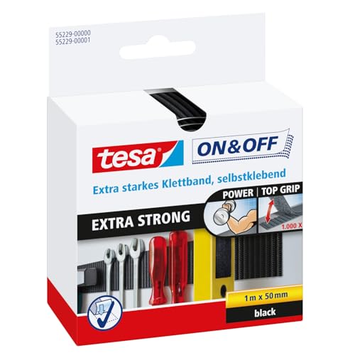 tesa On & Off Extrastarkes Klettband - Selbstklebende Klettstreifen zum Befestigen schwerer Gegenstände, extra stark - 100cm x 5 cm