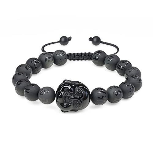 COAI Buddha Bracelet Six-Syllabled Sanskrit Mantra Onyx Obsidian Stone Beaded Bracelet