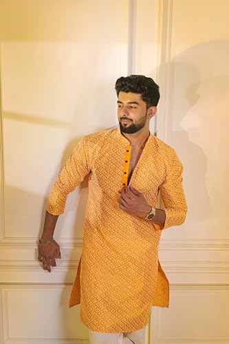 Image of LookMark Men's Printed Silk Blend Kurta with Mandarin Collar, Full Sleeves, Straight Fit Traditional Ethnic Wear
