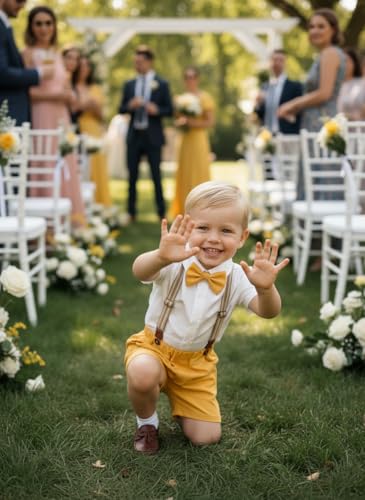 Image of Volunboy Baby Boy Formal Short Set Toddler Summer Gentleman Outfit Kid Short Sleeve Bowtie Shirt Suspender Shorts Suit