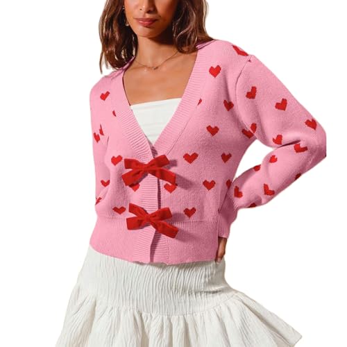 Image of Valentine's Day Cardigan Sweaters for Women Love Heart Print Button Down Cropped Cardigans Y2K Open Front Knit Sweater