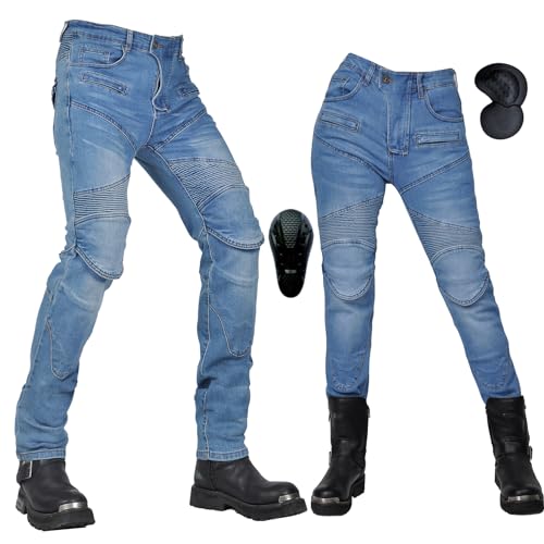 Pantalon Moto Hombre/Mujer, Pantalon Vaquero Moto on Protecciones, Pantalones Moto Elástica, Certificado CE (EN 1621-1:2012) - Invierno/Verano (Azul,L)