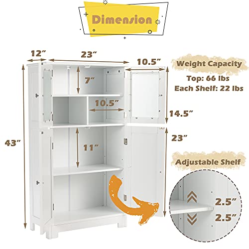 Loko Bathroom Floor Cabinet, Freestanding Storage Cabinet W/Glass Doors, Wooden Kitchen Cupboard W/Adjustable Shelf, Versatile Floor Storage Cabinet For Bathroom, Living Room & Kitchen (White) #TOP2