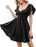 Florboom Women's Summer Sweetheart Neck Flutter Short Sleeve Sexy Mini Dresses Knot Front Chiffon Wedding Guest Flowy Dress (Black, L)