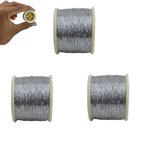 Image of Zari Metallic Threads 0.1 MM (3 Rolls) Silver Color for Aari Work Embroidery Sewing Garment Needlework Crafts