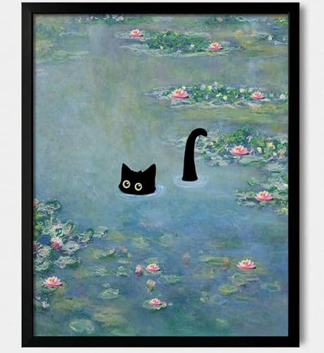 Hamduker Funny Black Cat Wall Art, Monet Art Water Lily Cat Wall Art Decor, Preppy Aesthetic Cat Posters for Bedroom Bathroom Living Room (Size: 11” x 14”x1pcs)