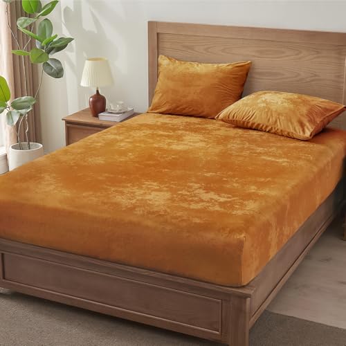 BEDELITE Velvet Fitted Sheet and Pillowcases Set, Luxury Soft Fuzzy Bottom Sheet with Reinforced Elastic Corner Straps, Deep Pocket up to 15 Inch, 1 Fitted Sheet and 2 Pillowcases (King, Burnt Orange)