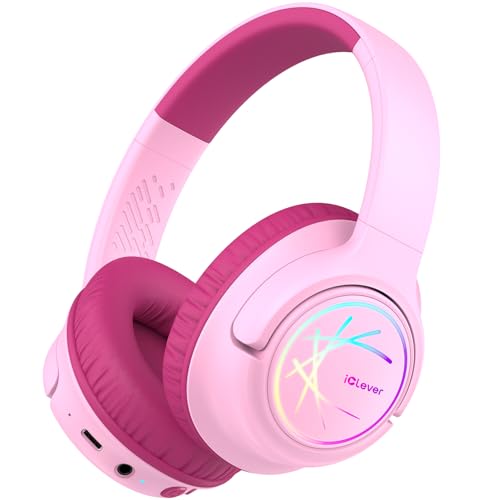 iClever Bluetooth Kopfhörer Kinder mit LED-Leuchten 74/85dBA Lautstärkebegrenzung 43 Stunden Spielzeit Stereo-Sound Typ-C AUX-Kabel Bluetooth5.3 Kinderkopfhörer für Tablet/Reisen