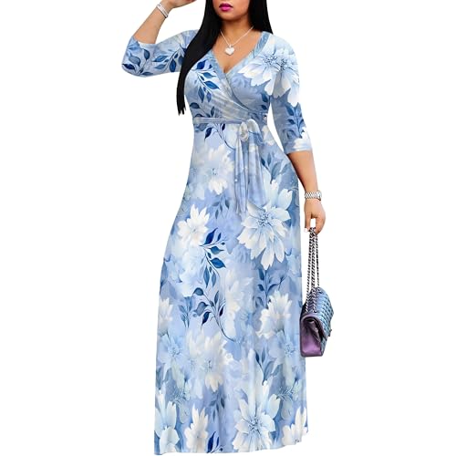 Image of PinkPatty Plus Size Maxi Dress for Women Casual V Neck 3 /4 Sleeve Boho Printed Long Dress with Pockets