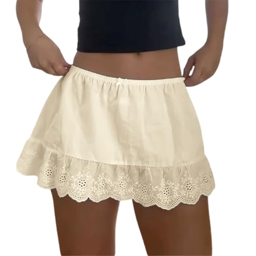 Women's Y2K Slip Mini Skirts Vintage Elastic Waist Solid Color Floral Eyelet Hem Skirt A-line Flowy Short Skirts