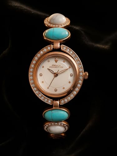 Image of French Connection Sunray Silver Round Dial with Rosegold with Blue and White Stone Alloy Strap Watch - for Womens FCD1URGM