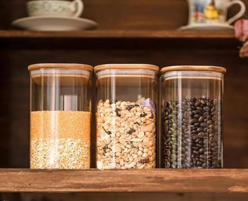 Image of Glass Food Storage Containers with Airtight Bamboo Lid, Coffee Storage Jars for Home Kitchen, Pantry Tea, Spices, Snack (SQUARE 1200 ML JAR, SET OF 6)