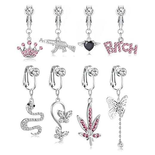 UBGICIG 8Pcs Clip on Belly Button Rings Fake Belly Ring For Women CZ Dangle Belly Button Rings Butterfly Snake Heart Crown Belly Rings Non Piercing Jewelry