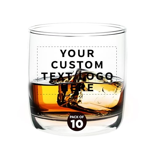 DISCOUNT PROMOS Custom Whiskey Glasses 10 oz Set of 10, Personalized Bulk Pack - Heavy Base Old...