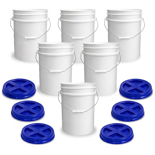 Image of ePackageSupply 5 Gallon Bucket - Food Grade w /Lid BPA-Free, White /Blue, 6 | Airtight Gamma Seal Screw-On Lid, Heavy-Duty 90 Mil HDPE Plastic, Food Safe and Durable Container, Bulk Storage, Made in USA