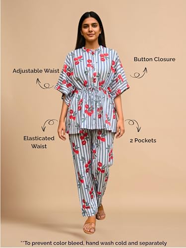 Image of Cotton Floral Printed 2 Piece Night Suit Top & Pajama Set for Women & Girls