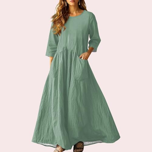 Fall Dresses for Women Spring 3/4 Length Sleeve O Neck Maxi Dress Boho Vacation Dresses with Pockets2