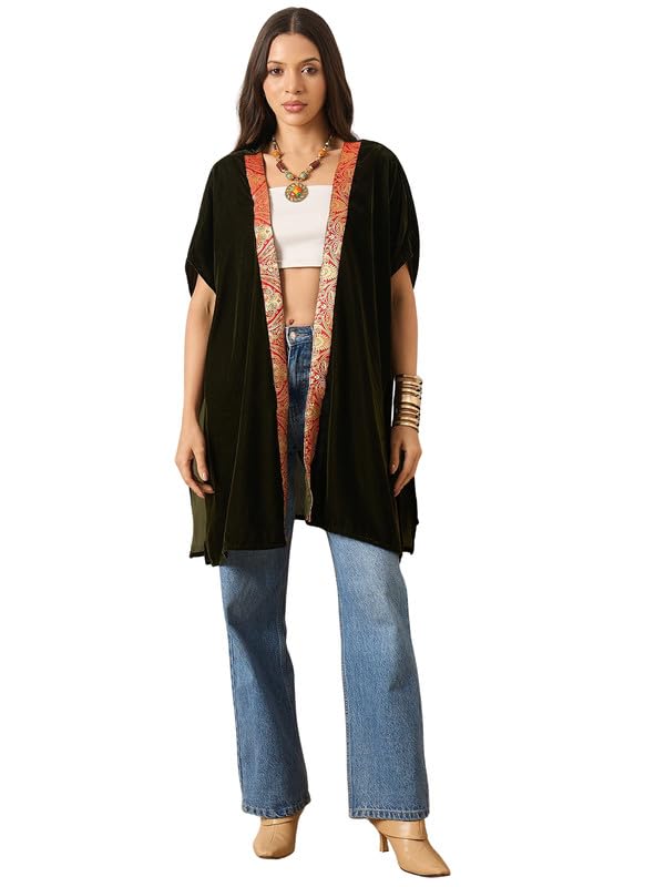 Mehandi Green Velvet Red Brocade Cape-image-45