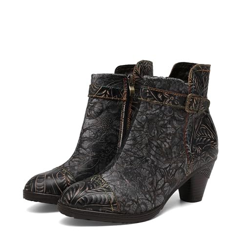 CrazycatZ Womens Leather Ankle Boots, Vintage Block Heels Floral Bohemian Bootie
