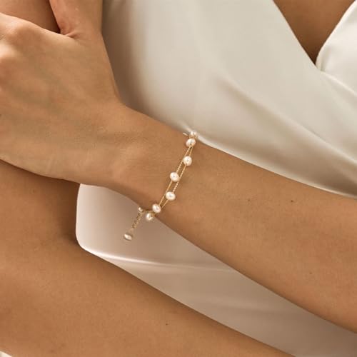 BERISO Gold/Silver Pearl Bracelets - 14K Gold Plated Dainty Pearls Beaded Chain Heart Bracelets3