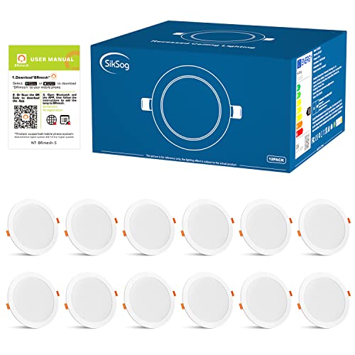 Siksog Smart Recessed Lighting 6 Inch Color Changing 16W Led Downlight, 1350 Lumen Recessed Ceiling Light, Rgb & Cool White 5000K Dimmable By Bluetooth Control - 12 Pack #TOP7
